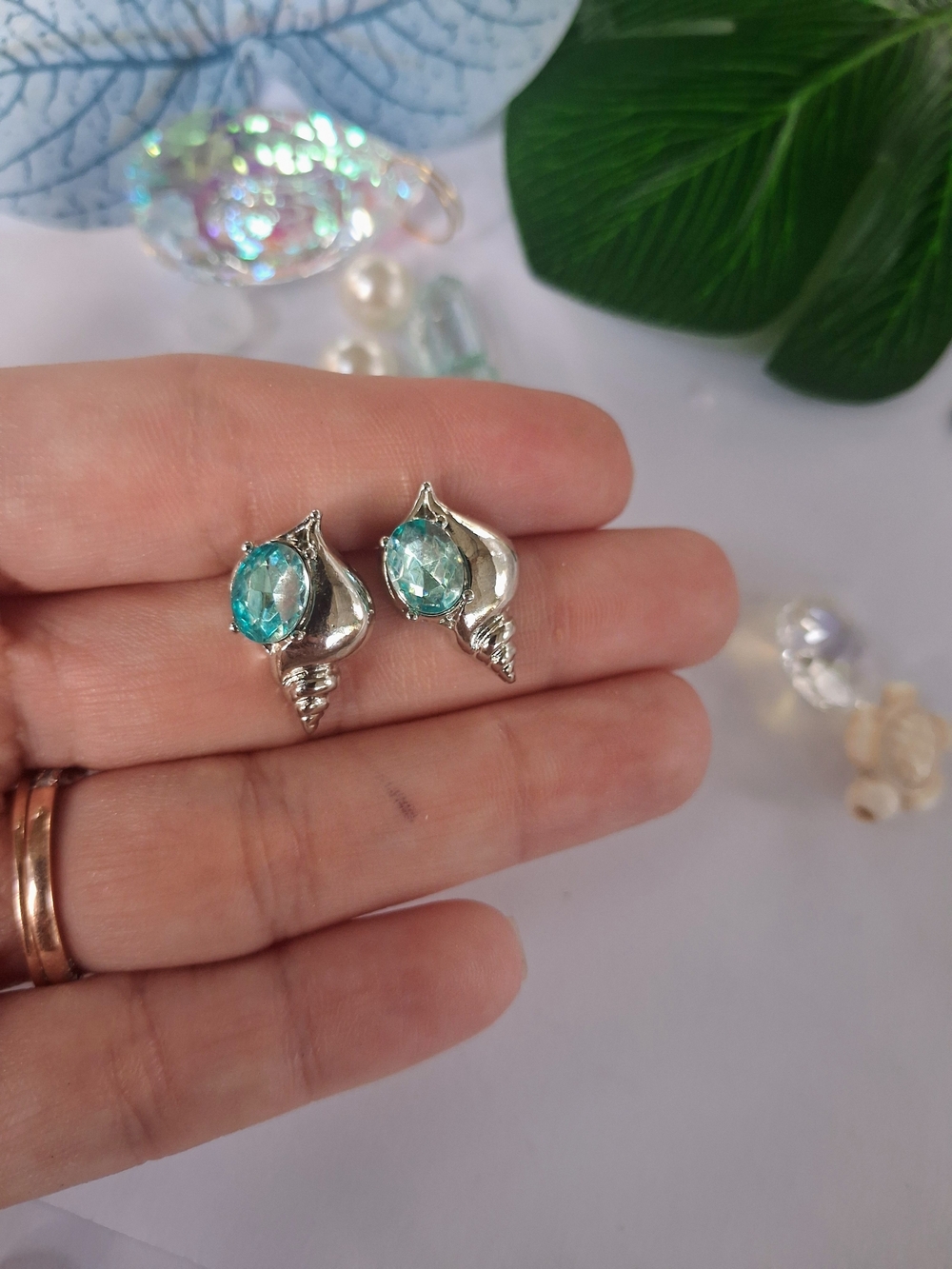 Sterling Silver Teal Gem Shell Stud Earrings